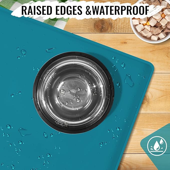 MateeyLife Dog & Cat Food Water Mat for Floors Waterproof, Nonslip Pets Bowl Feeding Mats with Raised Edges, Silicone Matt Tray for Messy Drinkers, 18"x12", Teal