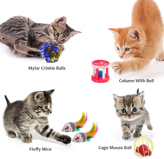 AILUKI 35 PCS Cat Toys Kitten Toys Assortments,Variety Catnip Toy Set Including 2 Way Tunnel,Cat Feather Teaser,Catnip Fish,Mice,Colorful Balls and Bells for Cat,Puppy,Kitty