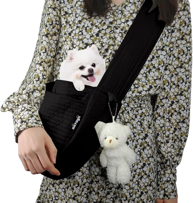 NATUYA Small Dog Carrier Sling Cat Sling-Dog Slings for Carrying Small Dogs-Adjustable Strap Hand Free Pet Puppy for Outdoor Traveling Subway (Black, Canvas-Adjustable Strap)