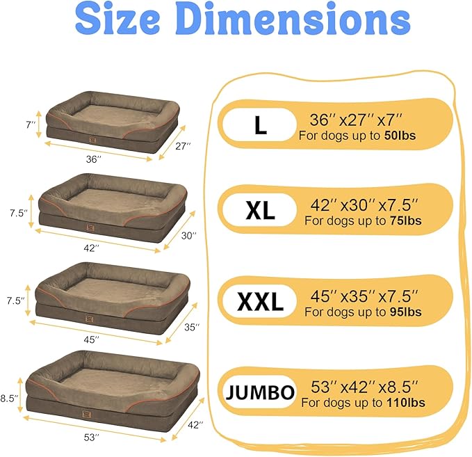 Washable Orthopedic Large Dog Bed - Big Dog Beds with Removable Waterproof Cover and Non-Slip Bottom XL Large Pet Beds with Bolster Extra Large Dogs Bed