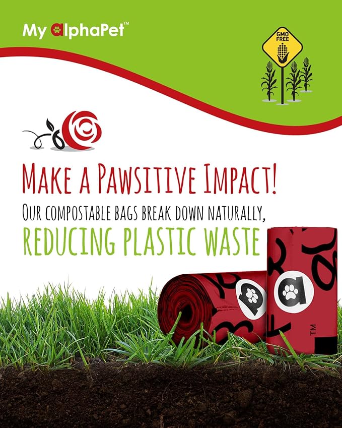 Compostable Dog Poop Bags, Cornstarch Eco-Friendly, HOME COMPOST NF T 51-800, 240 Count, Large Size Bag 9x13 Inches, 16 Unscented Refill Rolls, Leak-proof, Plantbased, GM-Free Corn (Red)