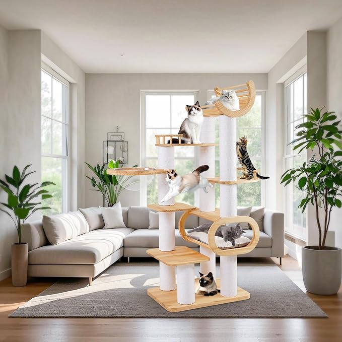 74.8" Modern Cat Tree for Indoor Cats, Tall Wood Cat Tower with Scratching Post, Heavy Duty Luxury Condo with Removable Mats, Multi-Level Cat Furniture for Cats