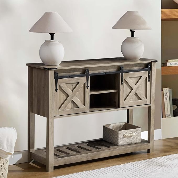 Entryway Table with Storage, Farmhouse Buffet Cabinet Coffee Bar Kitchen Island with Sliding Barn Doors & Shelves, Console Table for Kitchen, Dining Room, Living Room, Grey