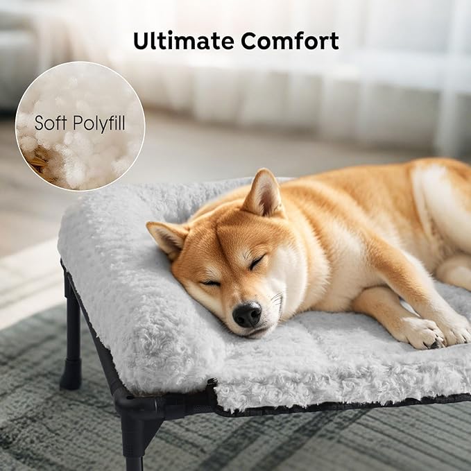 Veehoo Cooling Elevated Dog Bed Add Removable Deluxe Rose Plush Bolster Cushion Mat, 59" x 37" Washable Dog Couch Bed, Raised Pet Cot with Breathable Teslin Mesh, No-Slip Feet, Grey, CWC2439B