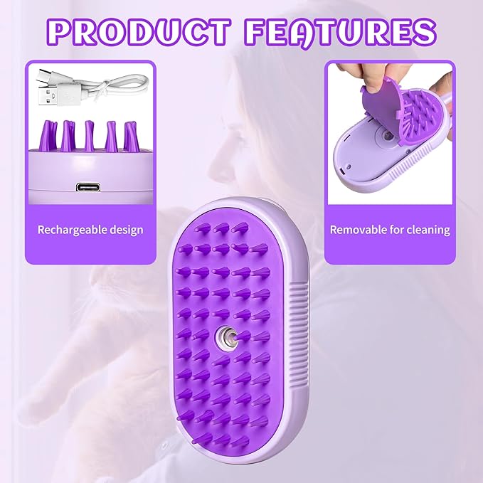 Spritz Defur Comb for Cats, New 3-in-1 Cat Steam Brush for Massaging and Cleaning Shedding Pets, Comb for Long and Short Hair Cats and Dogs Grooming Tool (Purple)