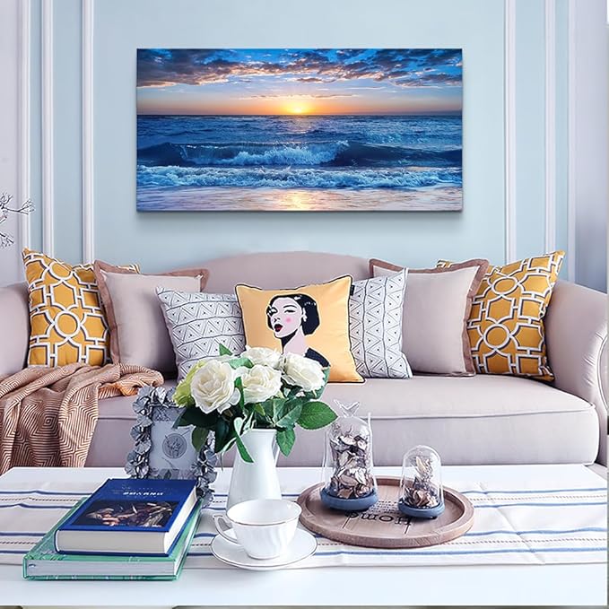 Lapremoly Large Wall Art For Living Room Canvas Wall Decor For Office Bedroom Wall Decorations Blue Ocean Beach Wall Painting Sunny Sea View Wave Wall Pictures Artwork Hotel Home Decor 30" X 60"