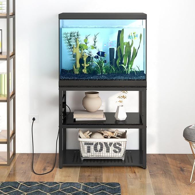 20-29 Gallon Fish Tank Stand with Power Outlets, 3-Tier Metal Aquarium Stand, Breeder Reptile Tank Stand with Shelf for Home Office, 660LBS Capacity, 29.5 x 15.8 x 30.1 inches, Black