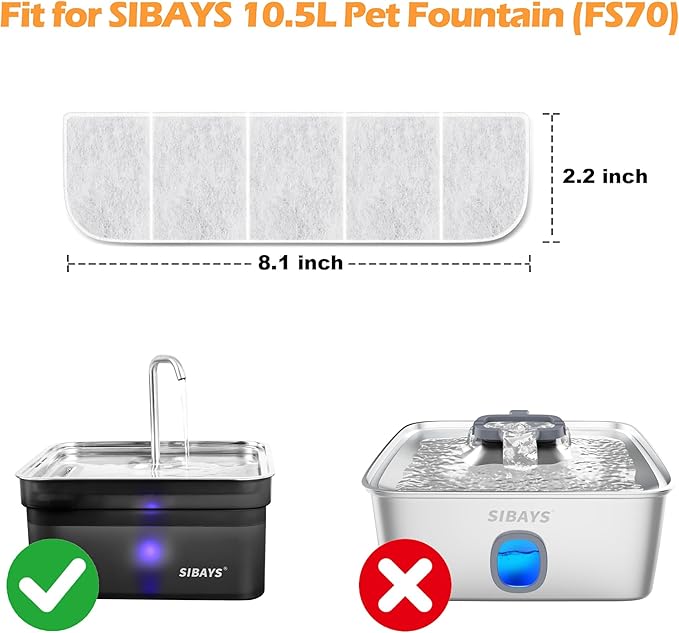 8 Pack Replacement Filters and 8 Pack Pump Sponges for SIBAYS 355oz/2.8Gal/10.5L Large Dog Water Fountain(FS70), Made of Coconut Shell Activated Carbon and PP Cotton, Food Grade Water Fountain Filters