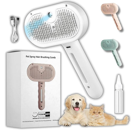 4 in 1 Cat Steam Brush: steam brush for cats, Grooming, Shedding, Mist Spray, Hair Removal Comb & Massager, USB Rechargeable Self Cleaning cat steam brushes for indoor cats - White