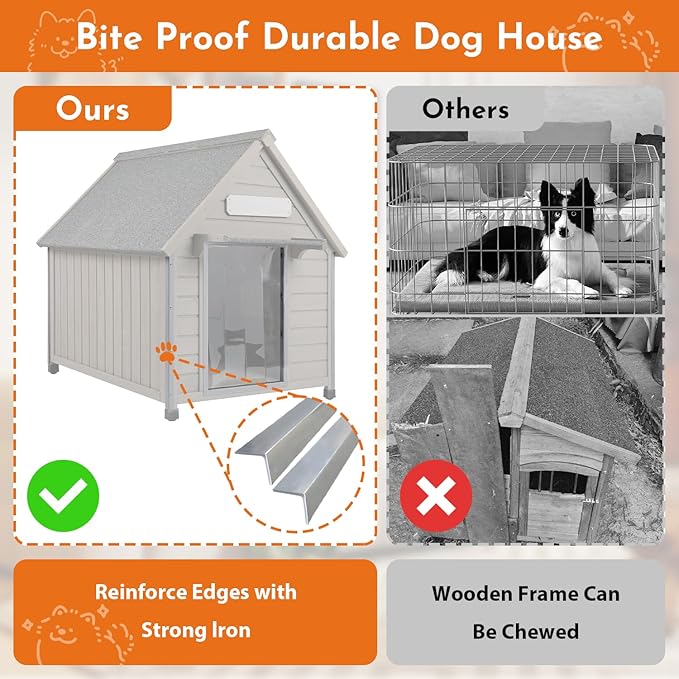 Outdoor Dog House Weatherproof Large Wooden Dog Kennel Indoor for Small Dogs with Chew-Proof Frame, Oxford Fabric Window, Removable Floor Pet Shelter (Grey, 30.5" D x 37.4" W x 39.3" H)