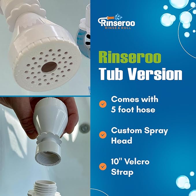Rinseroo: Slip-On Tub Hose – As Seen on Shark Tank – 5ft Flex Bathtub Faucet Sprayer – Easy Rinse for Pets, Hair & Cleaning – No Installation Needed – Fits Faucets Up to 3” Wide – Mess-Free & Portable
