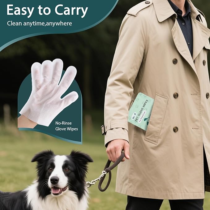 WLP 48 PCS Pet Cleaning and Deodorizing Glove Wipes for Dogs & Cats Hypoallergenic Pet Cleaning and Hydrating Glove Bath Wipes Enriched with Aloe & Jojoba Oil Individually Wrapped