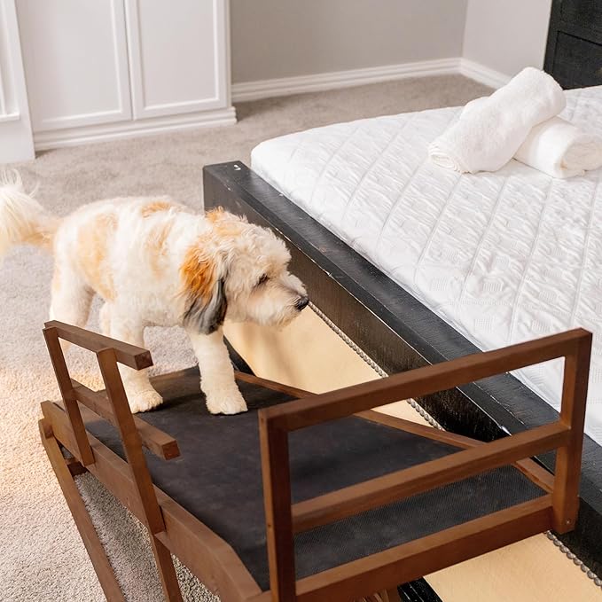 Dog Ramp for Bed, 5 Level Adjustable Dog Ramp for High Beds, Upgrade Rubber Mat High Traction Ramp with Safety Rails, Folding Pet Ramp for Bed, Couch,SUV, Natural Wood Pet Ramp for Small & Old Dogs