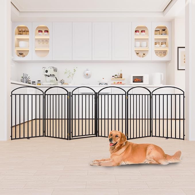 6 Panles Full Matel Freestanding Dog Gates with Door, 144"Extra Wide 36"Tall Free Standing Dog Pet Gate for Indoor & Outdoor. Foldable Pet Fences for Doorways, House, Stairs, Porch, Deck, Yard