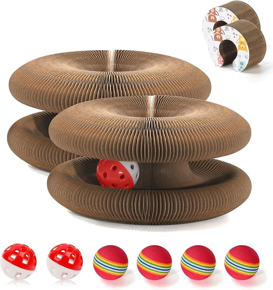 2 PCS Magic Organ Cat Scratcher Board with 6 Balls, Foldable Recyclable Accordion Cats Toy with Ball and Track Adventure, Cat Scratching Pad, Retractable Reversible Furniture Protector(Brown)