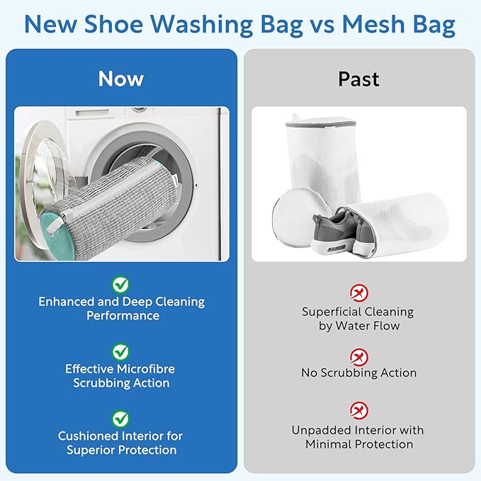 Shoe Bag for Washing Machine, Sneaker Cleaning Bag 2 PCS Set Grey, Fluffy Fiber Inside, Large Size Shoe Washing Machine Bag, 360 Laundry Bag for Tennis Gym Running Trainers Hiking