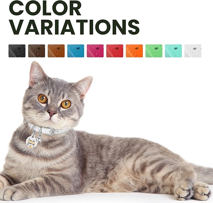 BRONZEDOG Leather Cat Collar with Removable Bells Non Breakaway Kitten QR Tag for Girl Boy (7" - 9" for Cats, White & Silver)