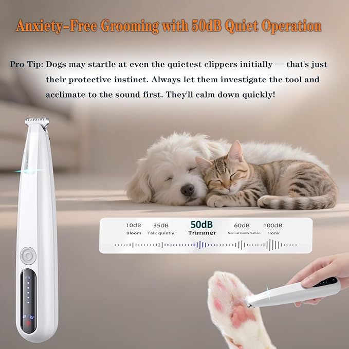 2 Mode Paw Trimmer for Dogs & Cats - Electric Quiet Dog & Cat Grooming Trimmer, Rechargeable Clipper with LED Light, 2 Blades, Waterproof for Paws/Ears/Face