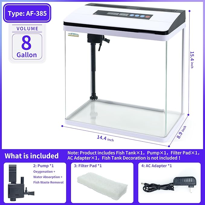 8 Gallon Fish Tank Starter Kit: Glass Aquarium w/Eco-Cycle Filter, 7-Color LED & Air Pump for Betta. Features 360° Crystal View, Temp/Time Display & Quiet Operation All-in-One Aquarium Kit
