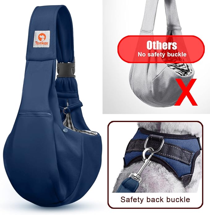 Tomkas Small Dog Sling Carrier - Zipper Pocket & Adjustable Strap - for 3-10 lbs Pets(Dark Blue)