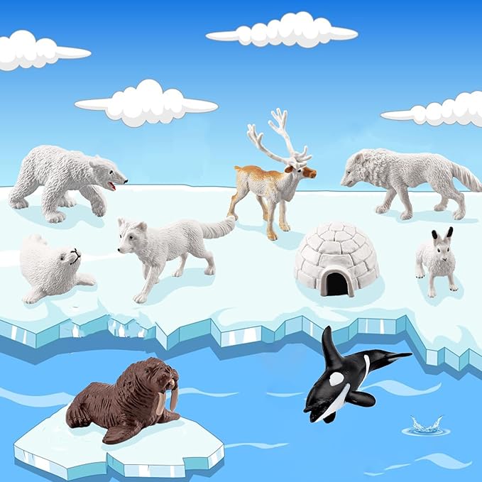 18pcs Arctic Animal Figures, Realistic Arctic Animals Toy Figurines Set with Arctic Fox Wolf Polar Bear Reindeer Figures for Kids, Miniature Toys Cake Topper Birthday Gift