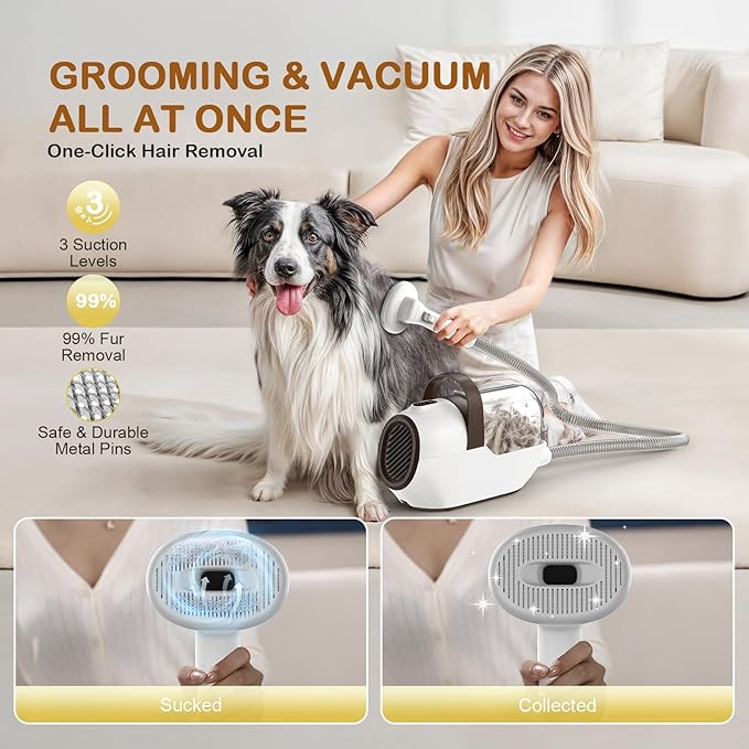 Dog Grooming Vacuum, Dog Grooming Kit with Pet Clipper Nail Grinder, 3 Suction Modes Dog Brush Vacuum with 6 Pet Grooming Tools (Coffee)