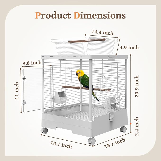 Clear View Bird Cage with Play Top, Modern Rolling Flight Cage for Parakeets, Cockatiels, Conures, Lovebirds, White Parrot Cage with 0.4" Bar Spacing, Slide-Out Tray & Accessories