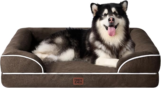 EHEYCIGA Orthopedic Dog Beds for Extra Large Dogs, Waterproof Memory Foam XXL Dog Bed with Sides, Non-Slip Bottom and Egg-Crate Foam Big Pet Couch Bed with Washable Removable Cover, Brown