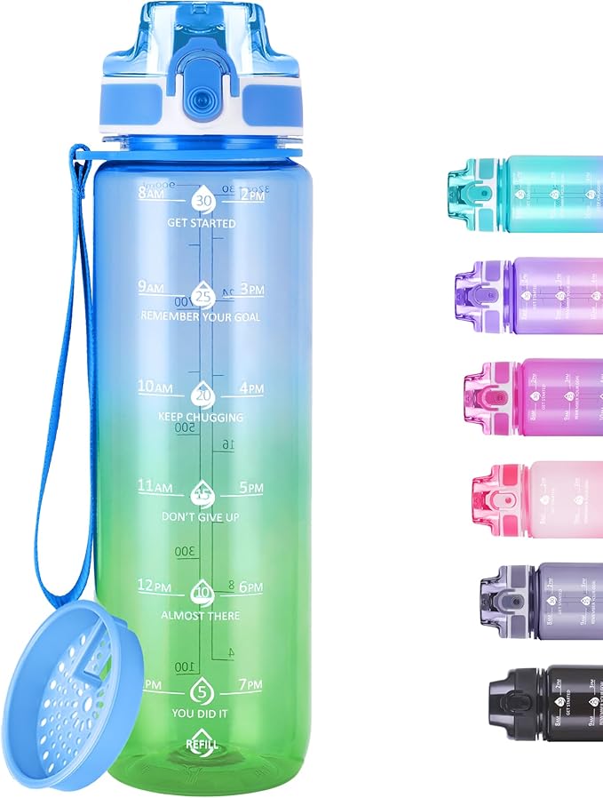 32oz Motivational Water Bottles with Time Marker & Fruit Strainer, Transparent Gradient Color Water Bottle with Times to Drink, Leakproof & BPA Free, Reusable Bottle with Strap (No Straw)