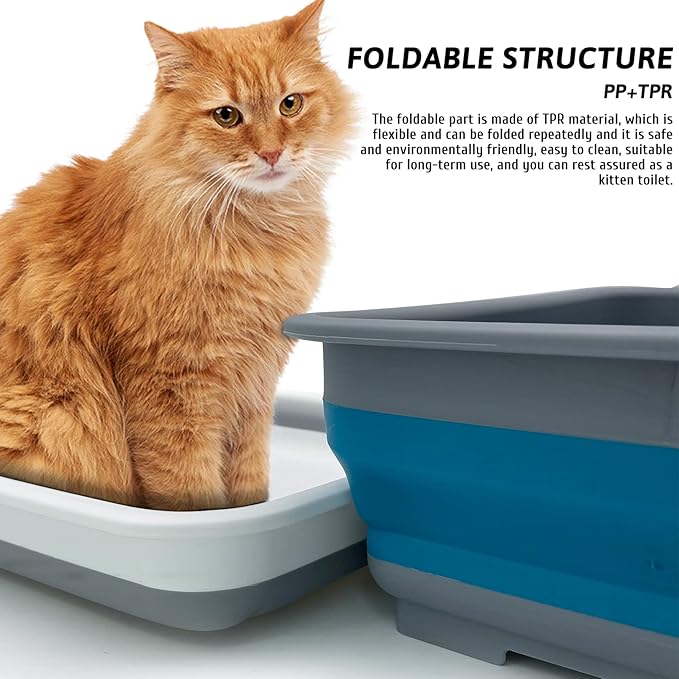 Fhiny Open Cat Litter Box, Kitten Potty Pan Semi-Enclosed Foldable Waterproof Travel Toilet Low Entrance for Indoor Cats Small Pet Kitty Rabbit Supplies Easy to Clean and Assemble