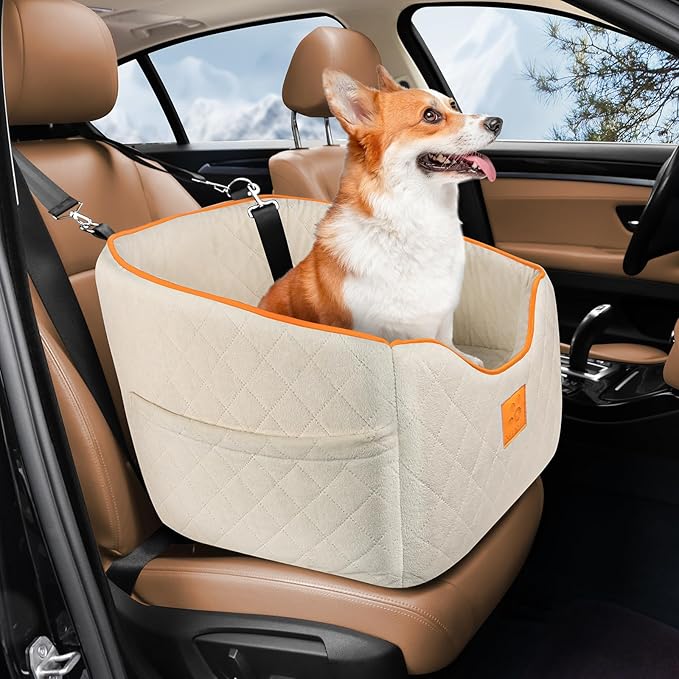 Dog Car Seat for Small Dogs, Memory Foam Booster Dog Seat for Dogs up to 35 lbs, Elevated Pet Car Seat, Travel Safety Pet Seat with Washable Removable Cover, Storage Pockets (Beige)