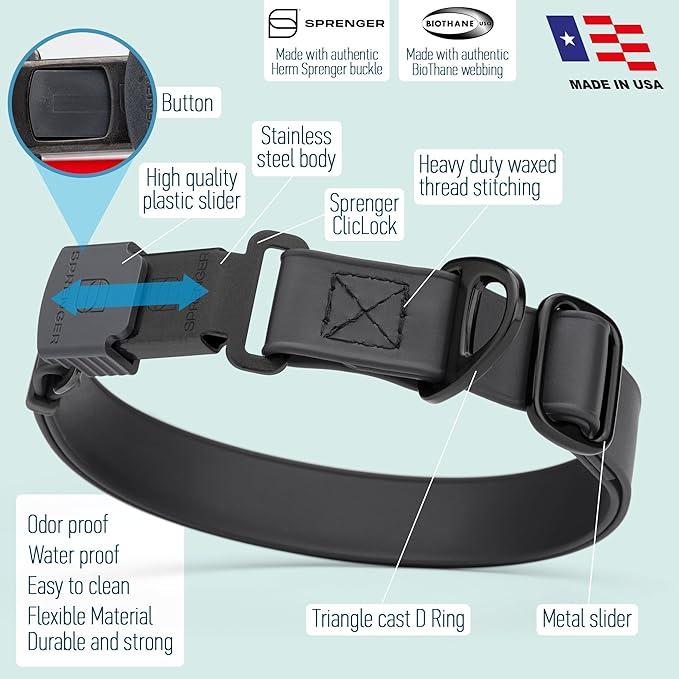 Dogline Biothane Waterproof Dog Collar with Herm Sprenger Black Stainless Steel Quick Release Buckle – Heavy Duty Tactical Durable Collar for Dogs – Comfortable and Safe Pet Collar W3/4" L12-19 Black