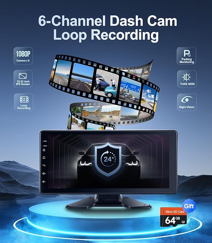 6-Channel 1080P Dash Cam Backup Camera System with 10.33 Inch Touch Screen Parking Monitor, Back Up Camera Car Radio for RV/Truck/Trailer/Van/SUV/Cars,Wireless Carplay/Android Auto/WiFi/Bluetooth/FM