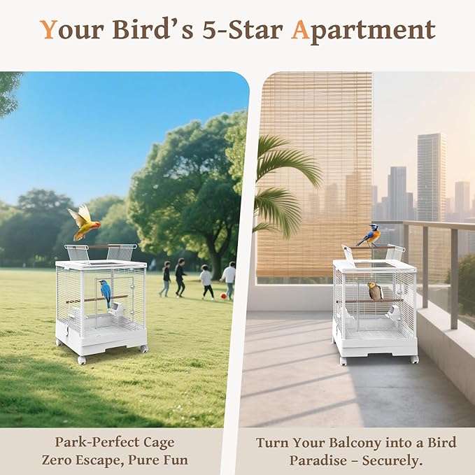 Clear View Bird Cage with Play Top, Modern Rolling Flight Cage for Parakeets, Cockatiels, Conures, Lovebirds, White Parrot Cage with 0.4" Bar Spacing, Slide-Out Tray & Accessories