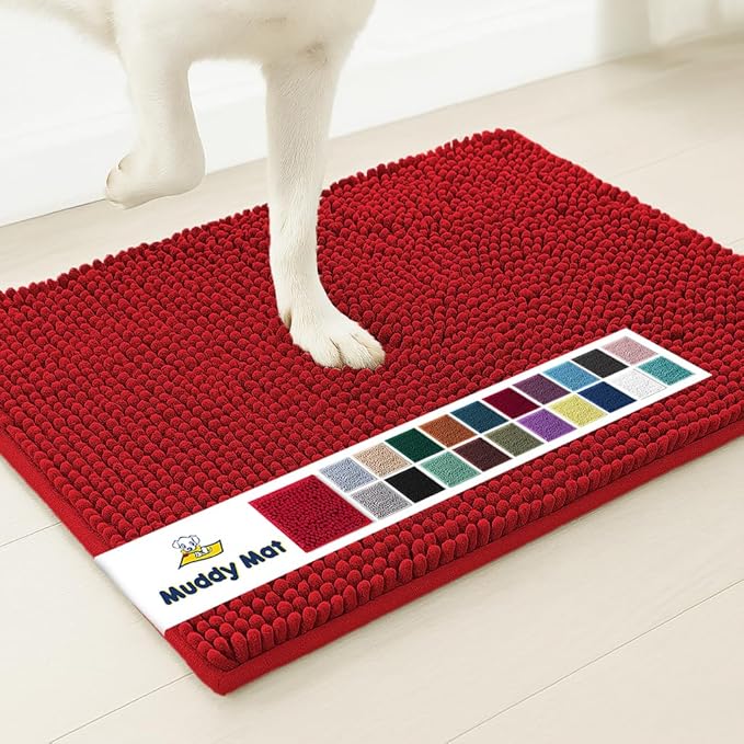 Muddy Mat® AS-SEEN-ON-TV Highly Absorbent Microfiber Door Mat and Pet Rug, Non Slip Thick Washable Area and Bath Mat Soft Chenille for Kitchen Bathroom Bedroom Indoor and Outdoor - Red 24" x 96"