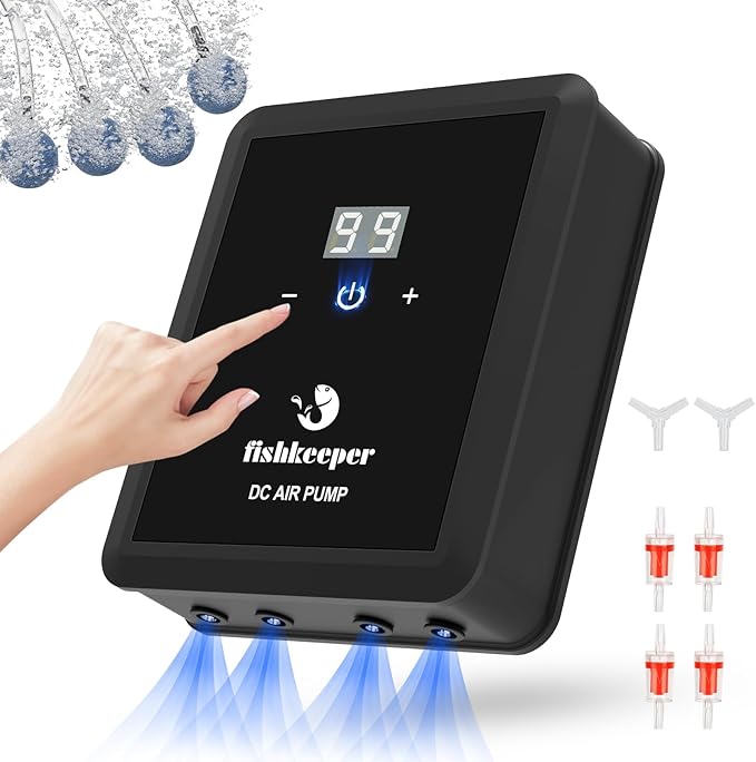 fishkeeper Aquarium Air Pump, 12W 320GPH Ultra Quiet Fish Powerful Fish Tank Air Pump with Four Outlet Adjustable Oxygen Aerator Pump with Air Stone Bubbler for 30-600 Gallon Tanks