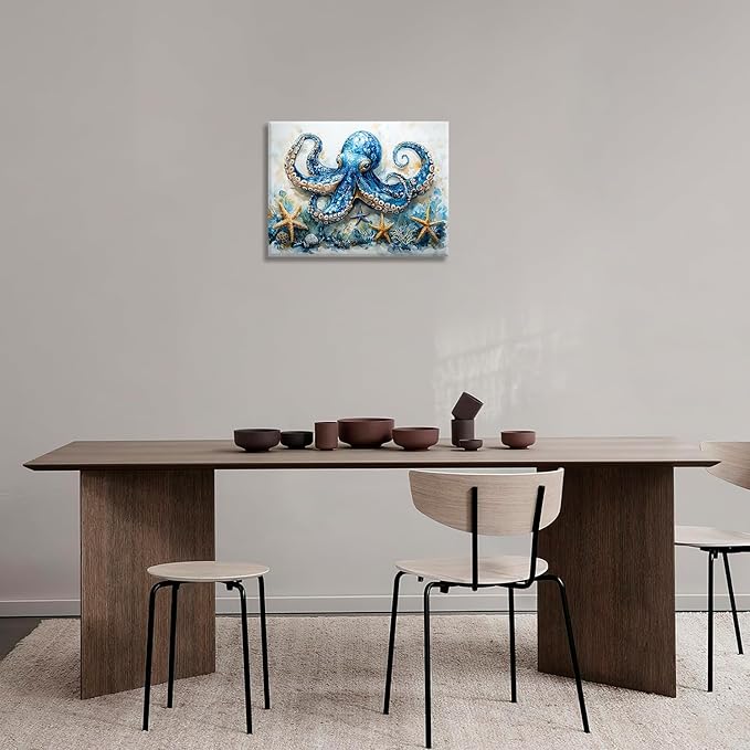 Octopus Bathroom Pictures Wall Art, Sea Animal Ocean Bathroom Wall Decor, Nautical Framed Painting Canvas Artwork for Bedroom Living Room Decorations 20"L x 16"W