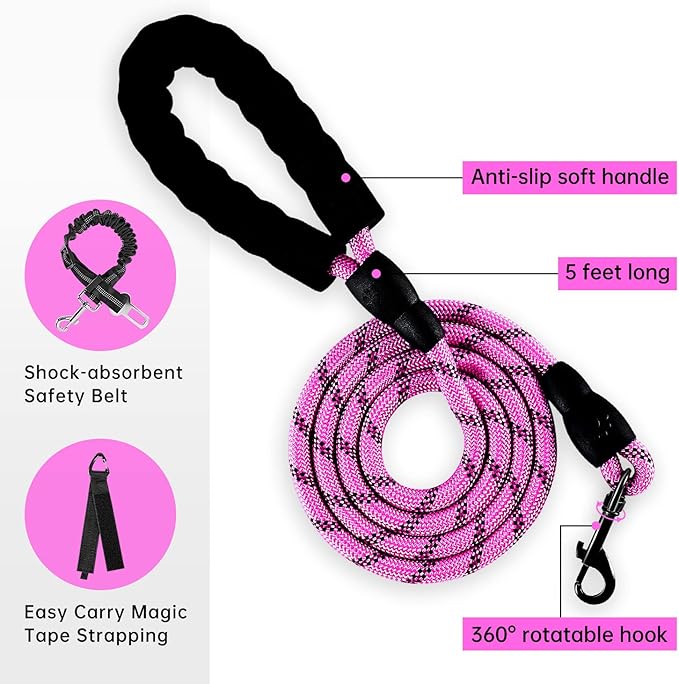 IVY&LANE No Pull Dog Harness for Medium Dogs,Dog Vest Harness with Leash,Safety Belt and Storage Strap, Fully Adjustable Harness,360° Reflective Strip,Soft Handle (Fuchsia Pink,M)