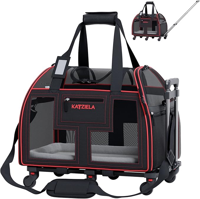 Airline Compliant Pet Carrier - Rolling Portable Travel Carry Crate for Small Dog Puppy or Cat - Soft Removable Wheeled Design with Mesh Window Sides - Airplane and TSA Compliant- by Katziela