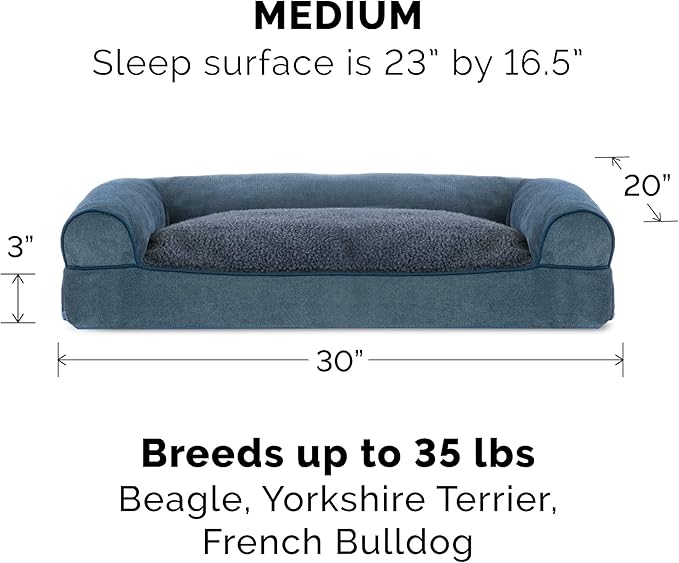 Furhaven Pillow Dog Bed for Medium/Small Dogs w/ Removable Bolsters & Washable Cover - Sherpa & Chenille Sofa - Orion Blue, Medium