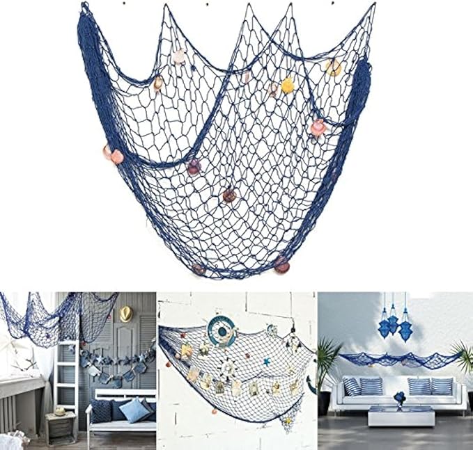 Rosoz Nautical Decorative Fishing Net, Sea Theme Fish Net Decor for Party/Wall Decoration Background,Blue,79inch x 59inch