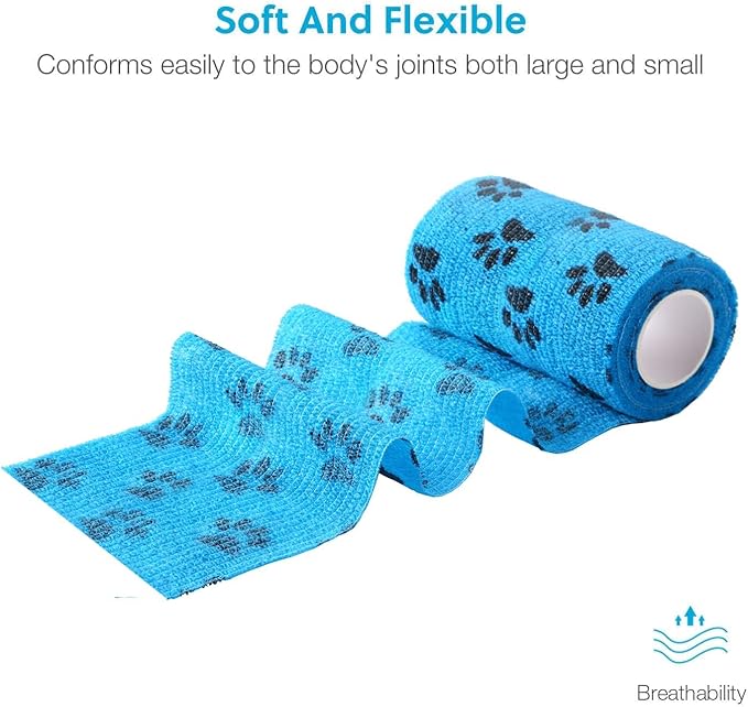 WePet Pet Wrap, Self-Adhesive, Only Sticks to Itself, Non-Woven Tape for Dog Legs, Paws, Wounds, First Aid Cohesive Gauze for Horse, Cat, Bird, Animal, 6 Rolls, 4 Inch, Pawprints A