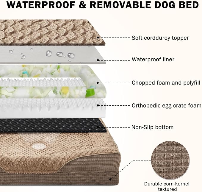 INVENHO Orthopedic Large Dog Dogs, Washable Egg-Crate Memory Foam Dog Couch Bed with Washable Removable Cover, Waterproof Lining and Nonskid Bottom