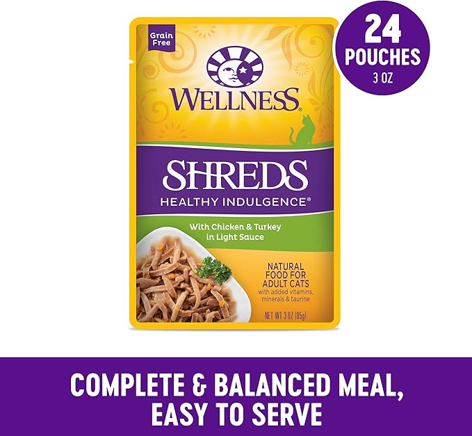 Wellness Healthly Indulgence Shreds Adult Wet Cat Food, Natural, Protein-Rich, Grain Free, 3 Ounce Pouch, 24 Pack, (Chicken & Turkey)