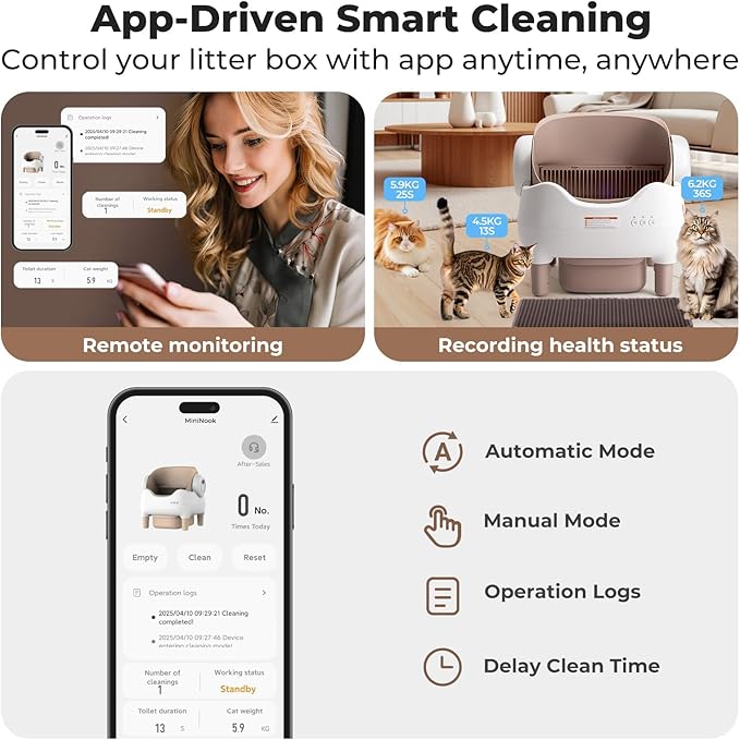 Self Cleaning Litter Box, Automatic Cat Litter Box with APP Control, Odor-Free Waste Disposal Includes Trash Bags, Large Waste Bin, Open-Top, for Multiple Cats