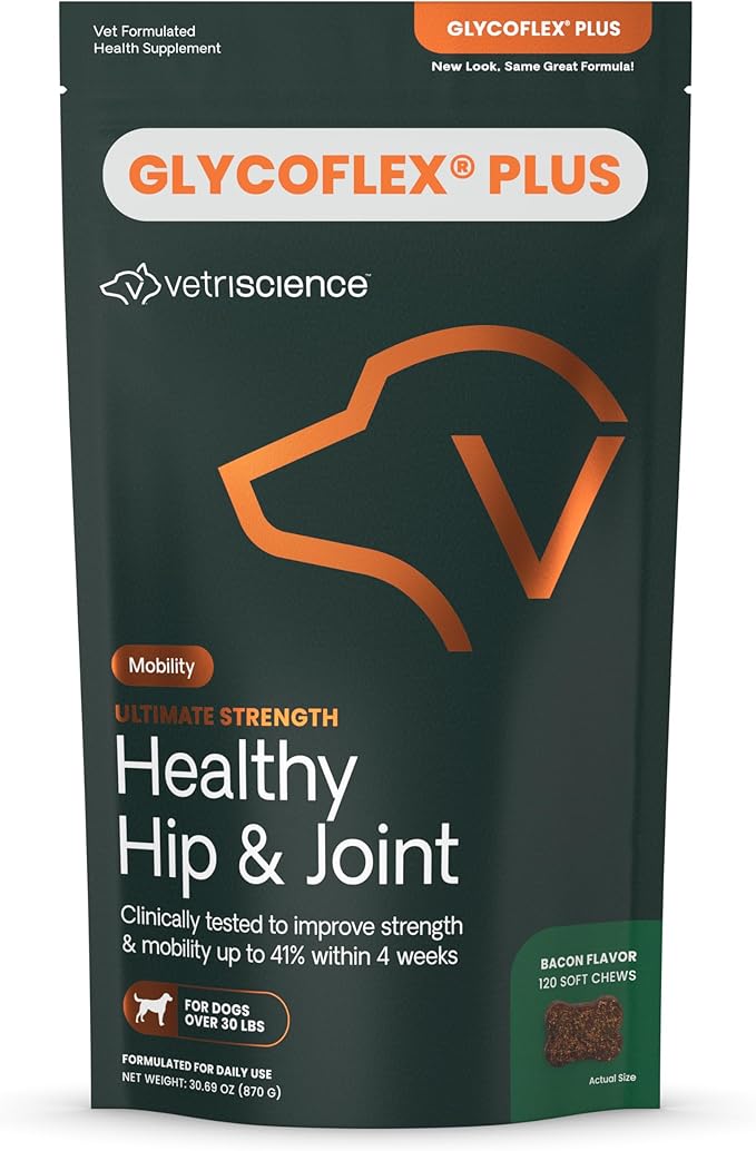 VetriScience GlycoFlex Ultimate Strength Healthy Hip & Joint Glucosamine Supplements for Dogs, with MSM, Chondroitin & Green-Lipped Mussel, Soft Chews, Bacon, 120 Count - New Look