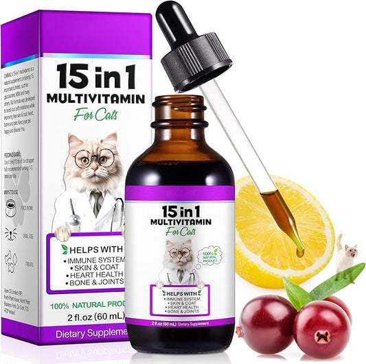 Cat Multivitamin,15 in 1 Cat Vitamins and Supplements, cat Vitamins for Indoor Cats, Liquid Drops for Heart Health, Bones, Joint, Skin & Coat, Immune System Support 60ml 2 fl.oz