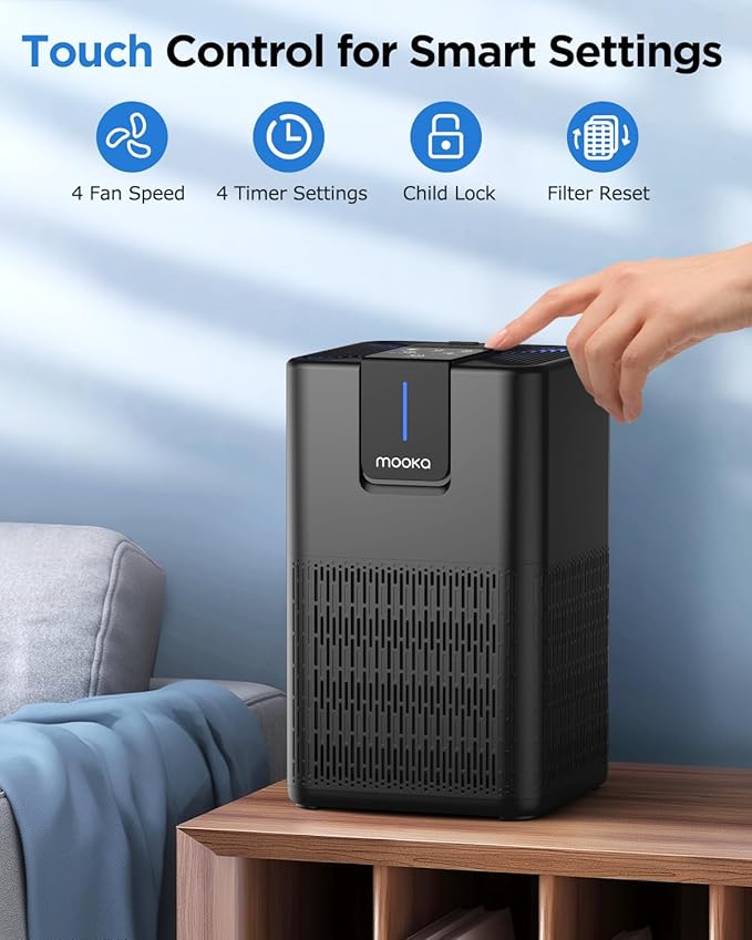 Air Purifiers for Home Large Room Up to 1250 Ft²,MOOKA H13 HEPA Air Purifier for Pets Dust Odor Smoke,Aromatherapy Function,Air Cleaner with 15dB Quiet Sleep Mode for Bedroom Office Living Room,Black