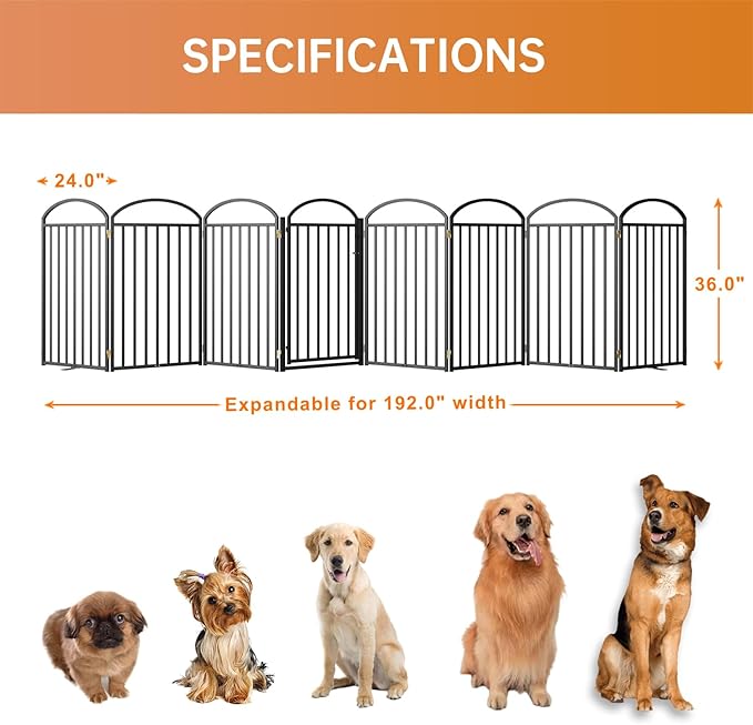 8 Panles Full Matel Freestanding Dog Gates with Door, 192"Extra Wide 36"Tall Free Standing Dog Pet Gate for Indoor & Outdoor. Foldable Pet Fences for Doorways, House, Stairs, Porch, Deck, Yard