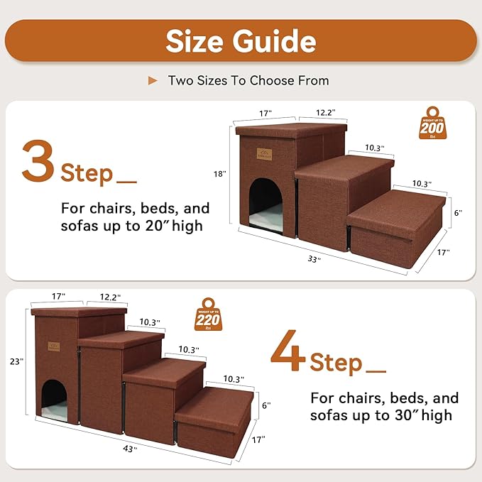 Dog Stairs with Condo 18" H, 3-Step Wider Dog Steps for High Beds Couch, Folding Storage Pet Stairs Gift for Small/Medium/Large Old Dogs Cats, Ramp for Climbing Car Up to 200 lbs, Brown
